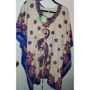 California Breeze Beige Fuchsia Blue Floral Paisley Tunic Top - No Size Tag NWT